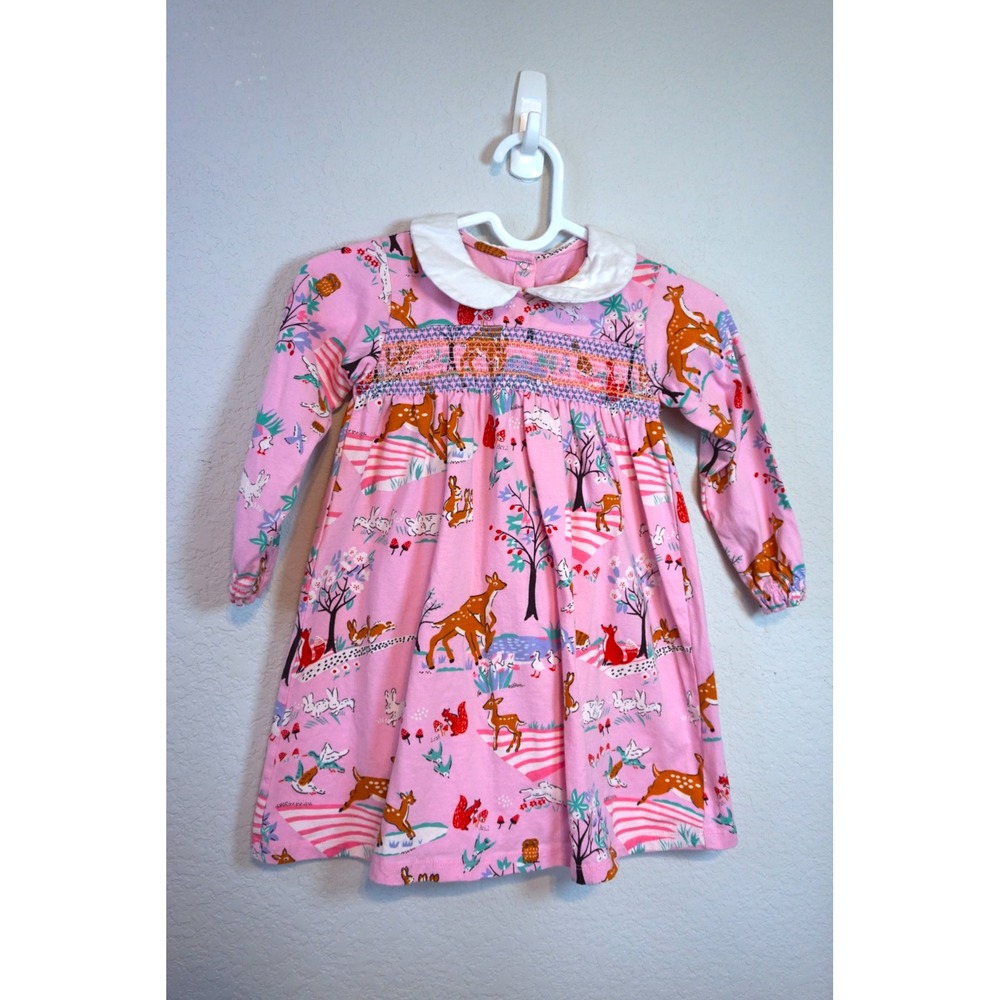 Pink Woodland Animal Smocked Dress 5T Long Sleeve Deer Rabbit Peter Pan Collar